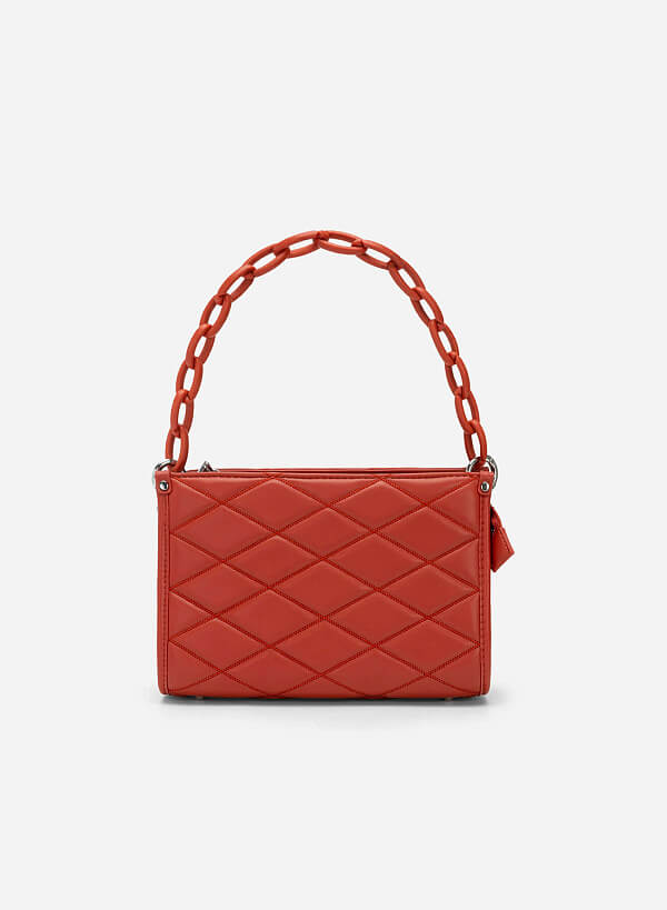 Chain Handle Diamond-Shaped Pattern Quilted Tote - TTE 0118 - Dark Orange - VASCARA