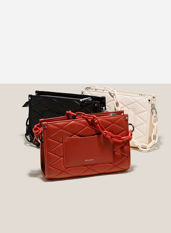 Chain Handle Diamond-Shaped Pattern Quilted Tote - TTE 0118 - Dark Orange - VASCARA