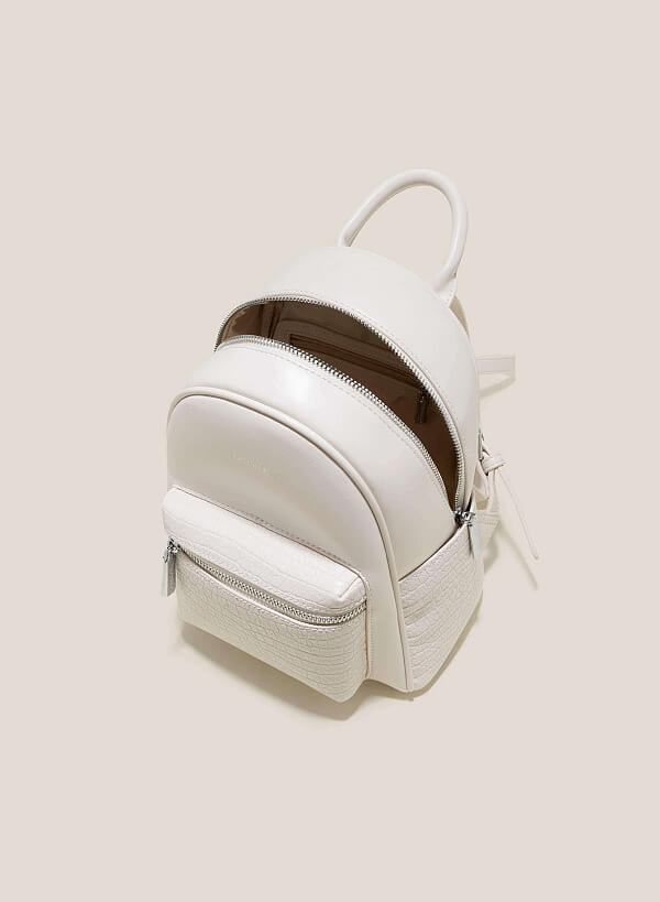 Croc-Effect Mini Backpack - BAK 0185 - Cream - VASCARA