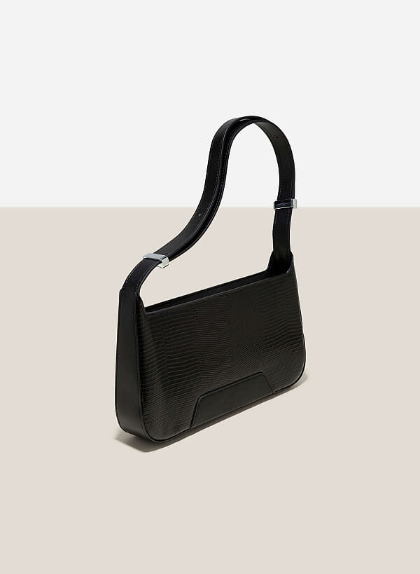 Lizard-Effect Shoulder Tote Bag - TTE 0107 - Black - VASCARA