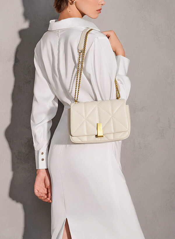 Quilted Fold-Over Flap Crossbody Bag - MES 0224 - Cream