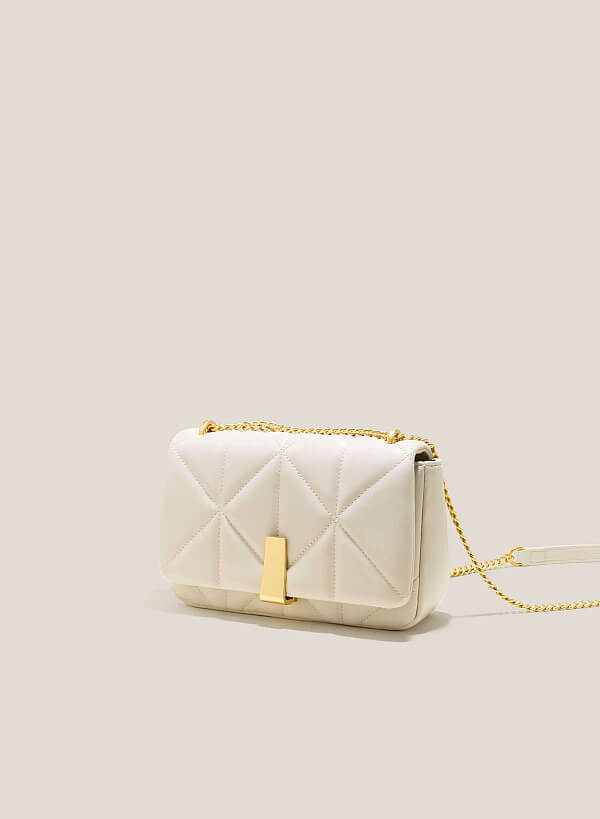 Quilted Fold-Over Flap Crossbody Bag - MES 0224 - Cream - VASCARA
