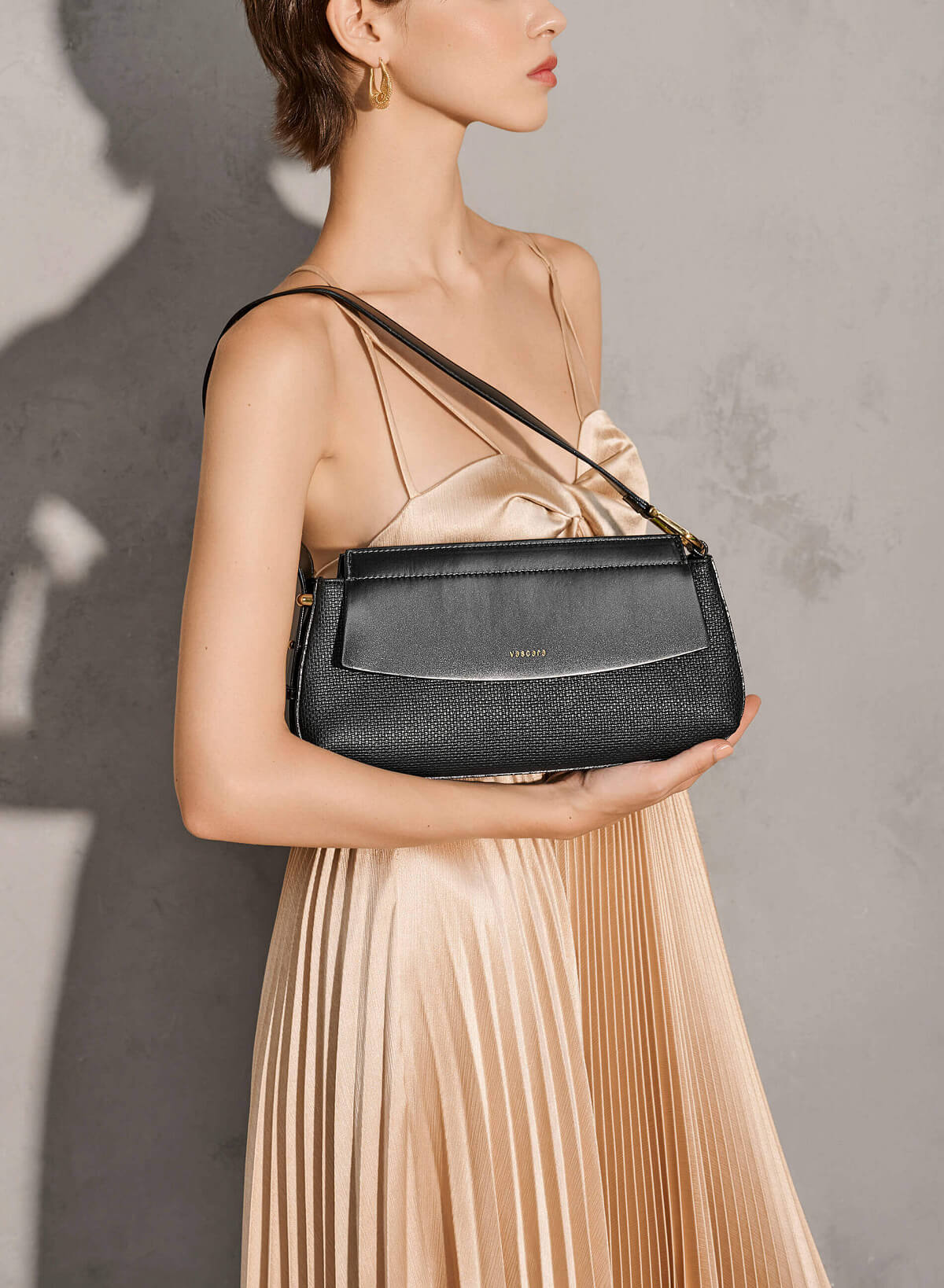 Weaved Pattern Baguette Bag - TTE 0120 - Black - VASCARA