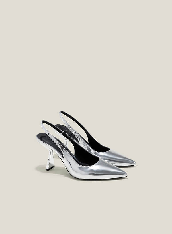 Giày bít mũi nhọn slingback spool heel metallic - BMN 0629 - Màu bạc - VASCARA