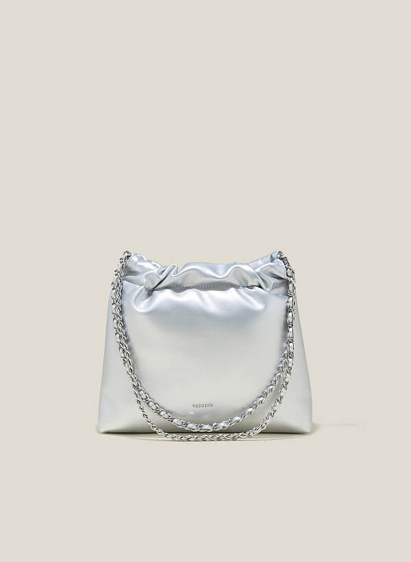 Túi đeo vai miệng rút nhấn xích - SHO 0236 - Màu bạc