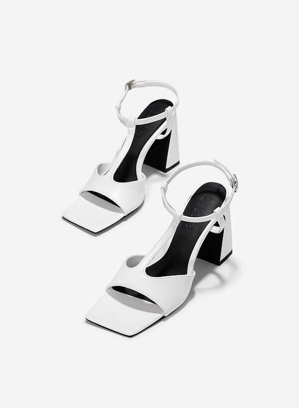 Giày sandals block heel t-strap cách điệu - SDN 0783 - Màu trắng - VASCARA