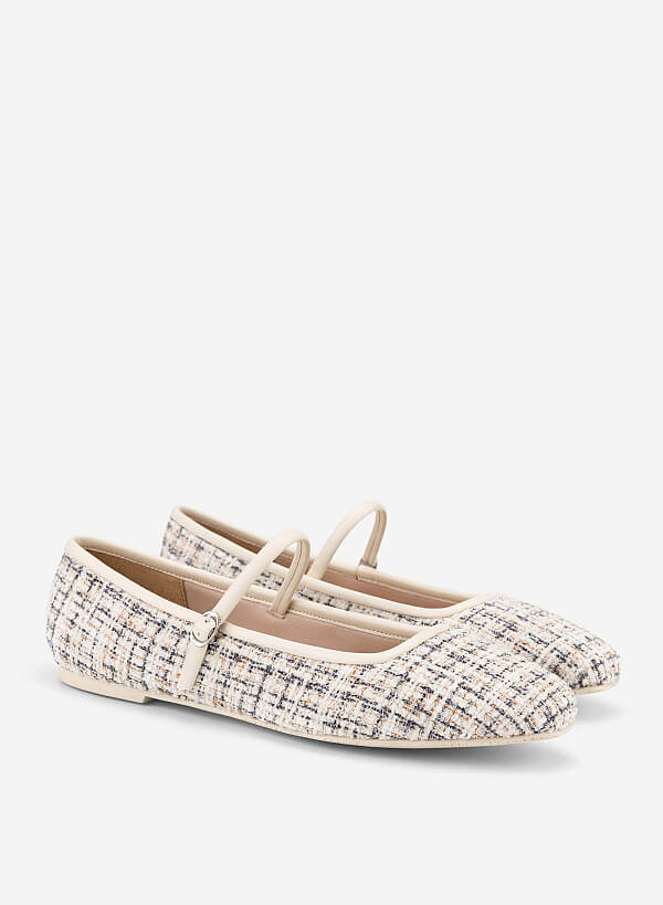Giày mary janes ballerina phối vải tweed - GBB 0440 - Màu kem - VASCARA