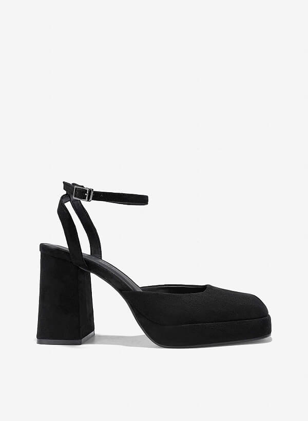 Ankle Strap Square-Toe Platform Pumps - HIG 0645 - Black