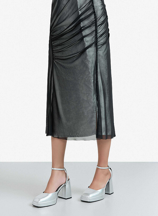 Ankle Strap Square-Toe Platform Pumps - HIG 0645 - Silver - VASCARA
