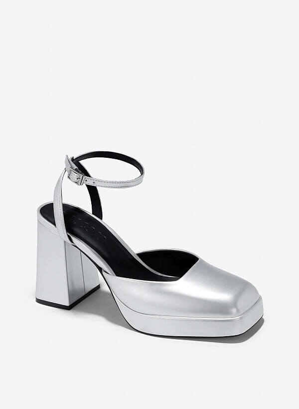 Ankle Strap Square-Toe Platform Pumps - HIG 0645 - Silver - VASCARA
