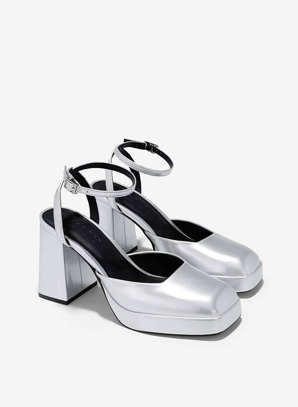 Ankle Strap Square-Toe Platform Pumps - HIG 0645 - Silver - VASCARA