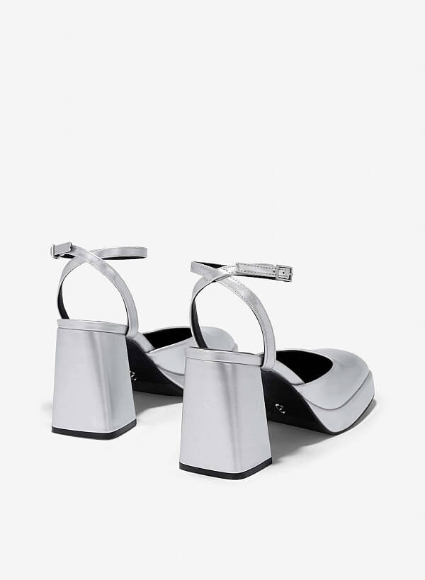 Ankle Strap Square-Toe Platform Pumps - HIG 0645 - Silver - VASCARA