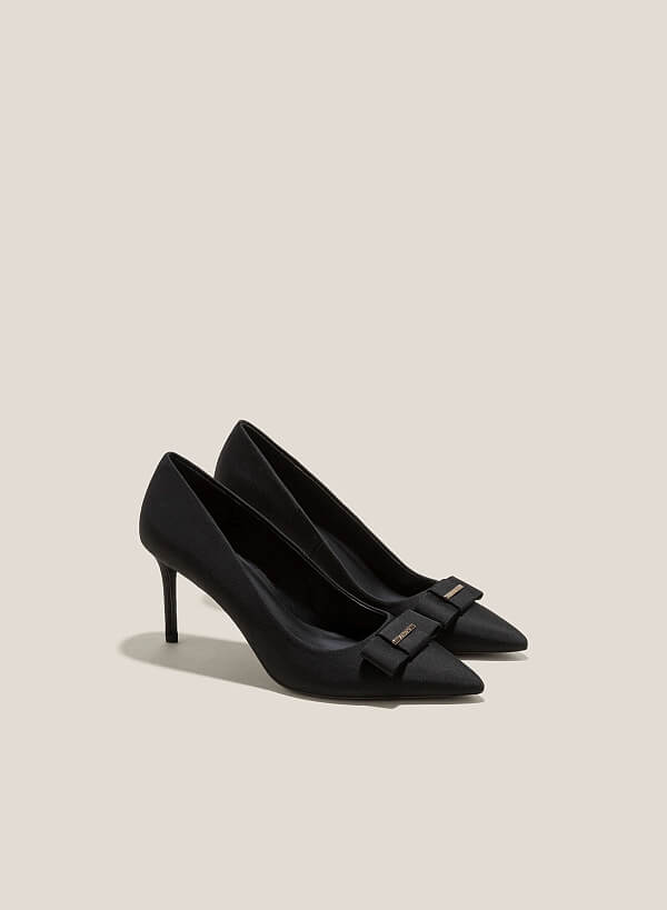 Bow Decor Striped Fabric Pointed-Toe Pumps - HIG 0626 - Black - VASCARA