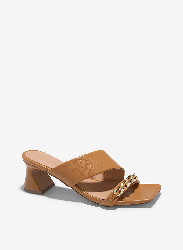 Chain Décor Spool Heels Mules - MUL 0204 - Light Brown - VASCARA