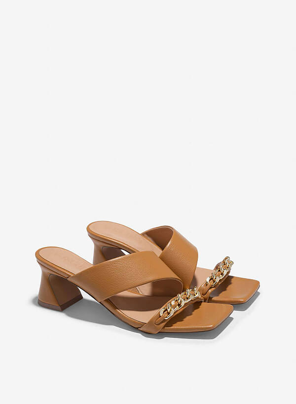 Chain Décor Spool Heels Mules - MUL 0204 - Light Brown - VASCARA
