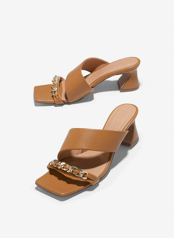 Chain Décor Spool Heels Mules - MUL 0204 - Light Brown - VASCARA