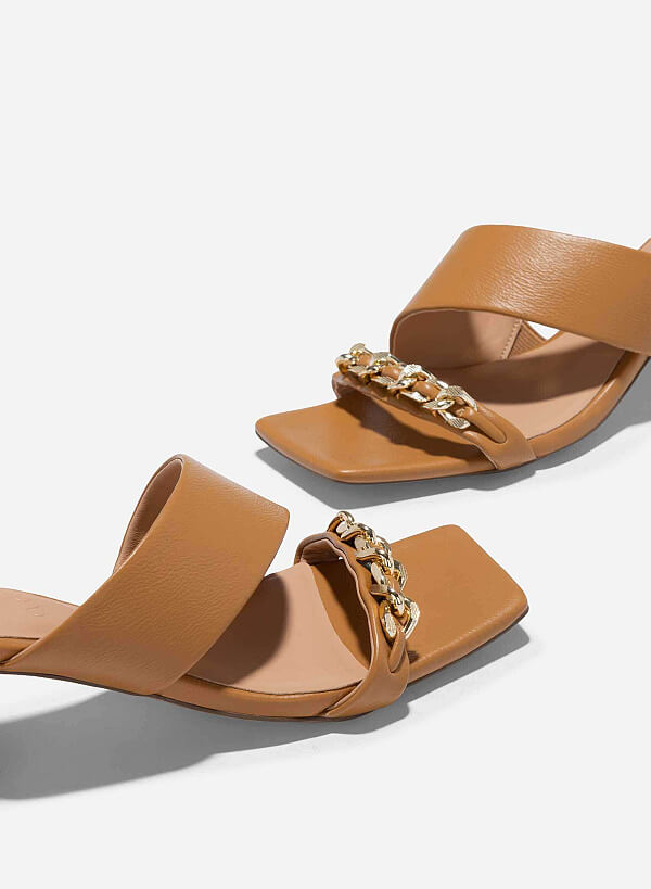 Chain Décor Spool Heels Mules - MUL 0204 - Light Brown - VASCARA
