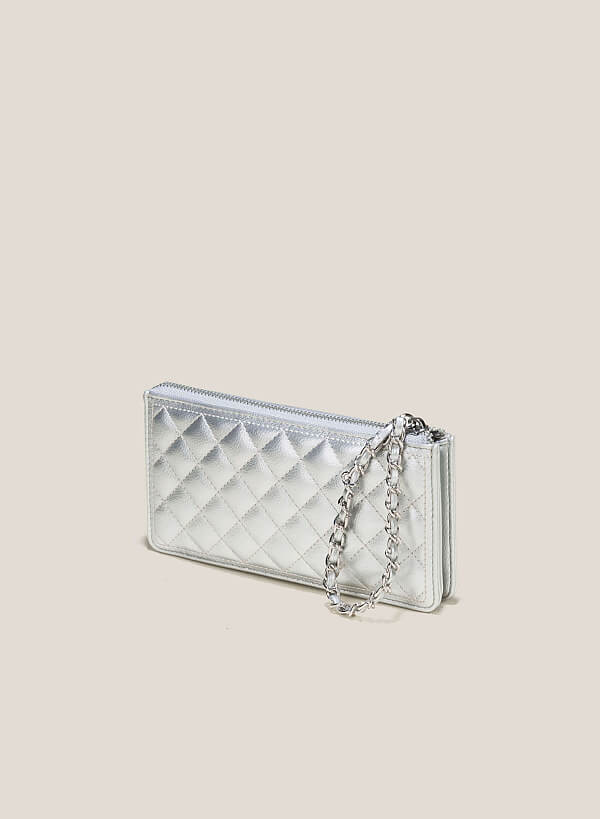 Chain Strap Plaid Quilted Wallet - WLL 0274 - Silver - VASCARA