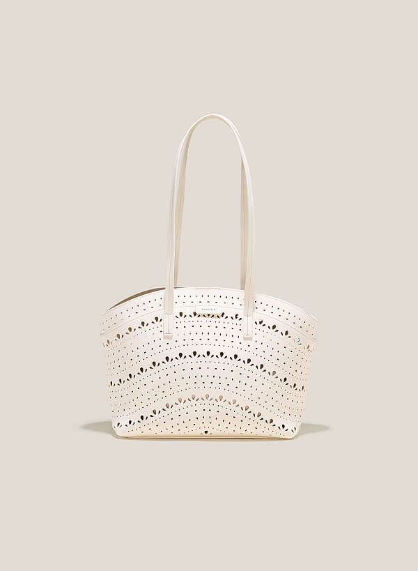 Laser Cut Pattern Accent Tote Bag - TTE 0135 - Cream