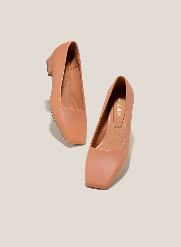 Leather Square-Toe Block Heel Pumps - HIG 0614 - Light Brown - VASCARA