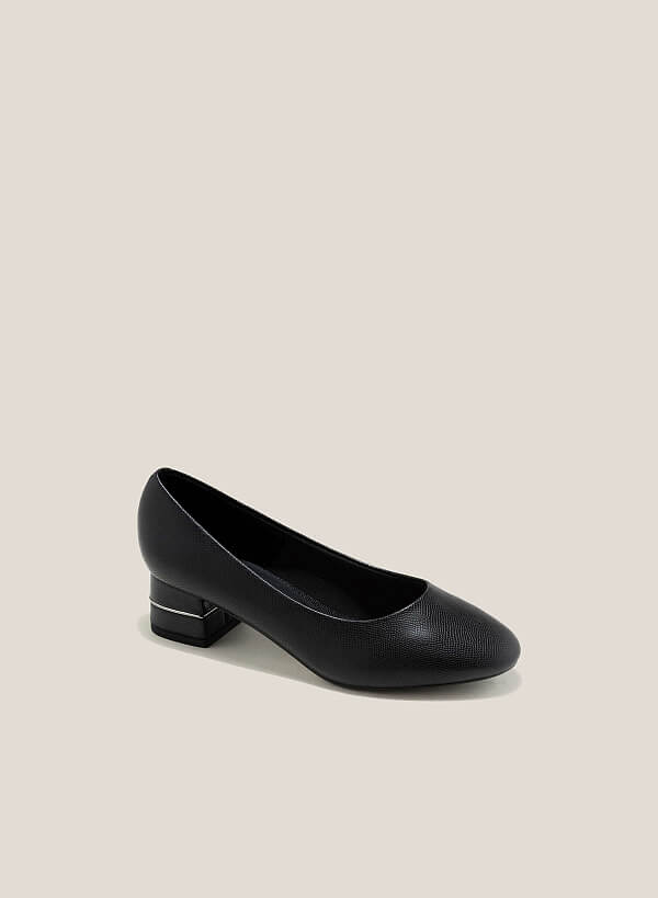 Lizard-Effect Round-Toe Pumps - HIG 0618 - Black - VASCARA
