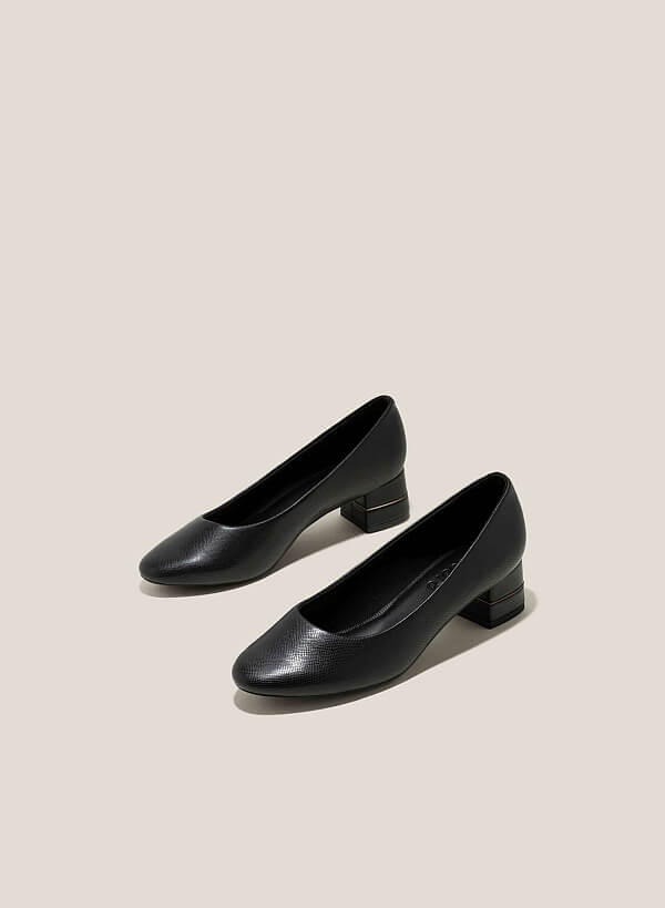 Lizard-Effect Round-Toe Pumps - HIG 0618 - Black - VASCARA