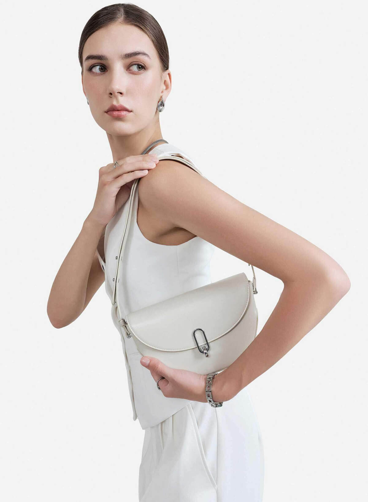 Metal Clasp Saddle Bag - MES 0238 - Cream - vascara.com