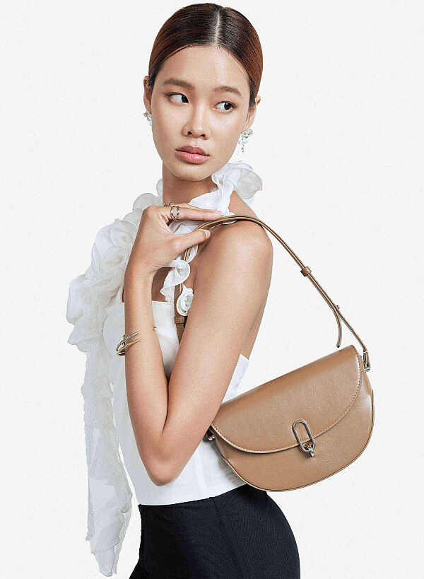 Metal Clasp Saddle Bag - MES 0238 - Dark Brown - VASCARA