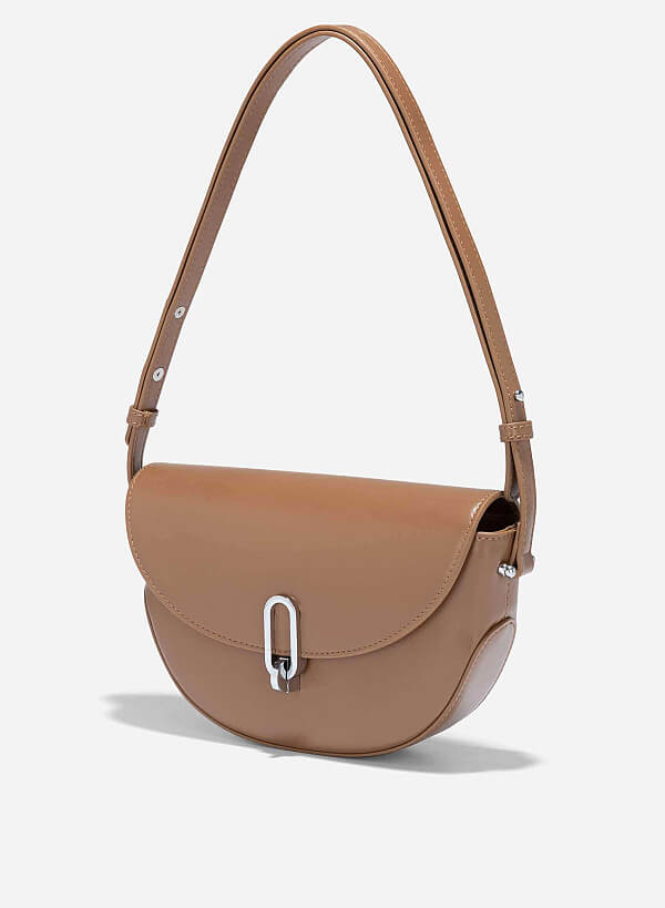 Metal Clasp Saddle Bag - MES 0238 - Dark Brown - VASCARA