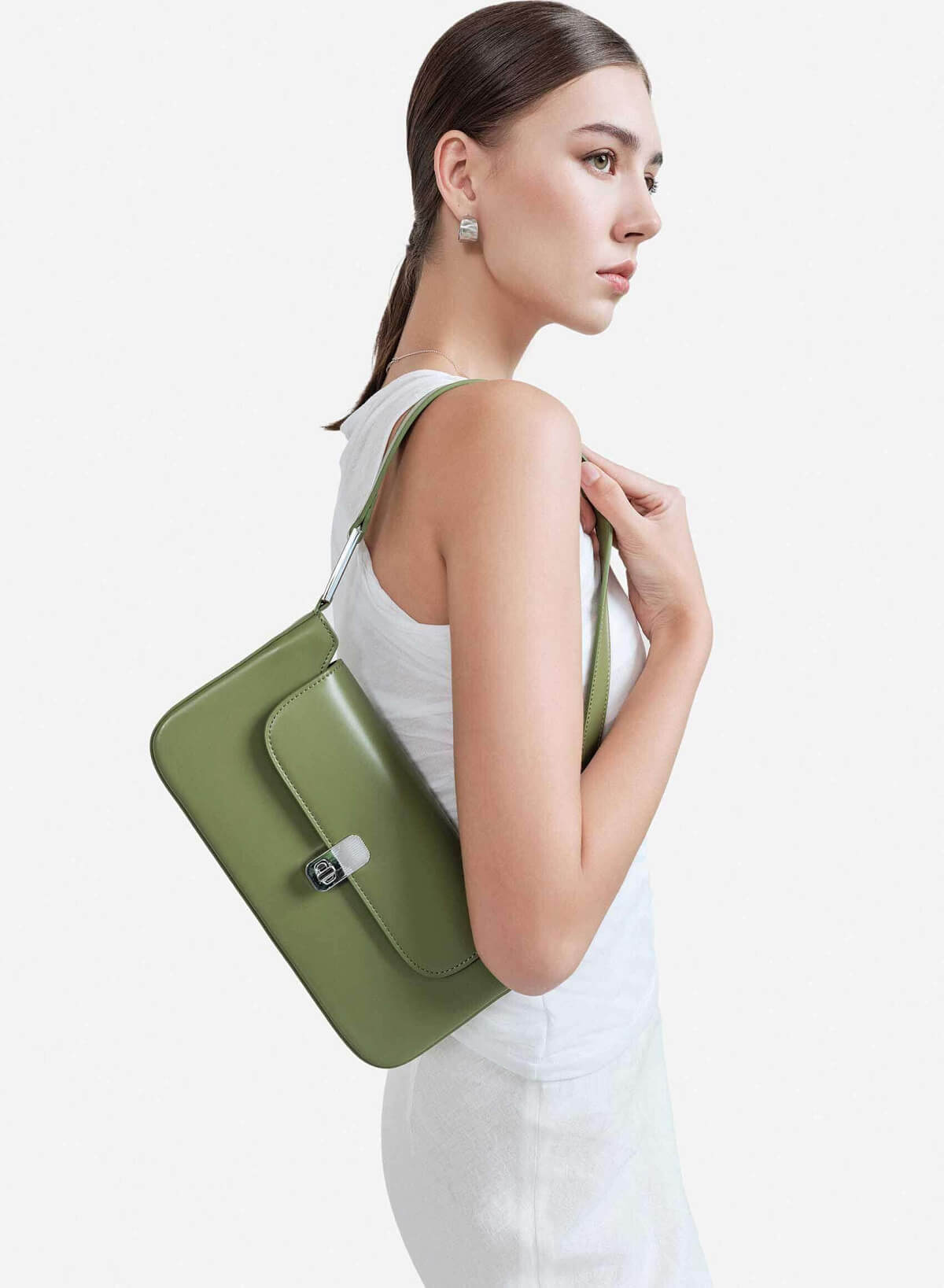 Metal Lock Décor Baguette Bag - MES 0243 - Green - vascara.com