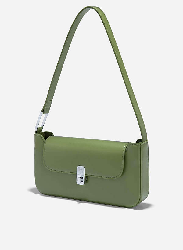 Metal Lock Décor Baguette Bag - MES 0243 - Green | VASCARA