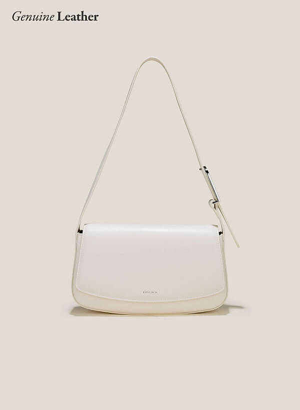 Metal Lock Décor Leather Shoulder Bag - MES 0242 - Cream