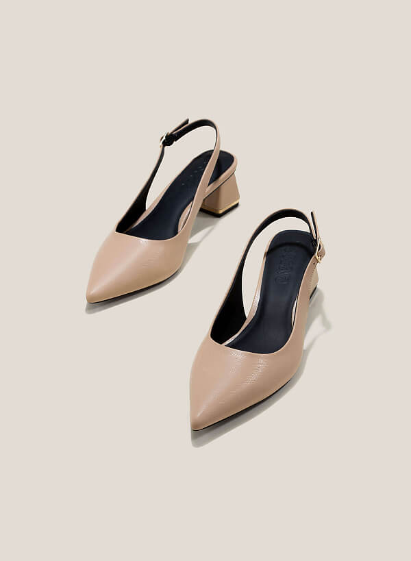 Metal Trim Block Heels Pointed-Toe Slingbacks - HIG 0624 - Beige - VASCARA