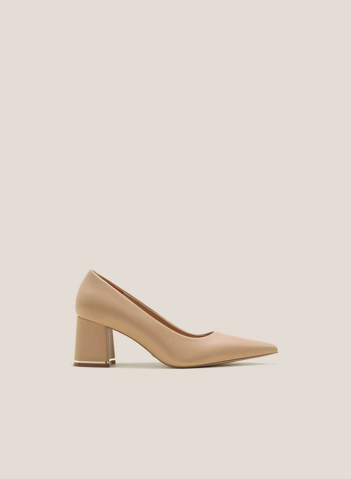 Metal Trim Pointed Toe Block Heel Pumps - HIG 0623 - Beige - VASCARA