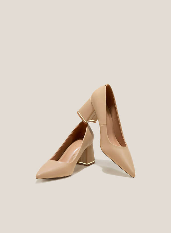 Metal Trim Pointed Toe Block Heel Pumps - HIG 0623 - Beige - VASCARA