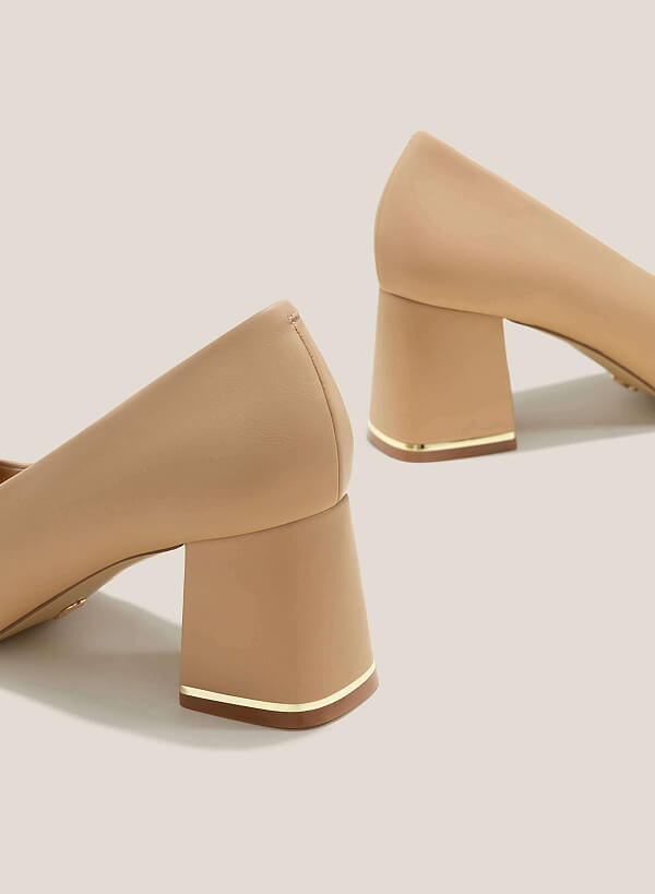 Metal Trim Pointed Toe Block Heel Pumps - HIG 0623 - Beige - VASCARA