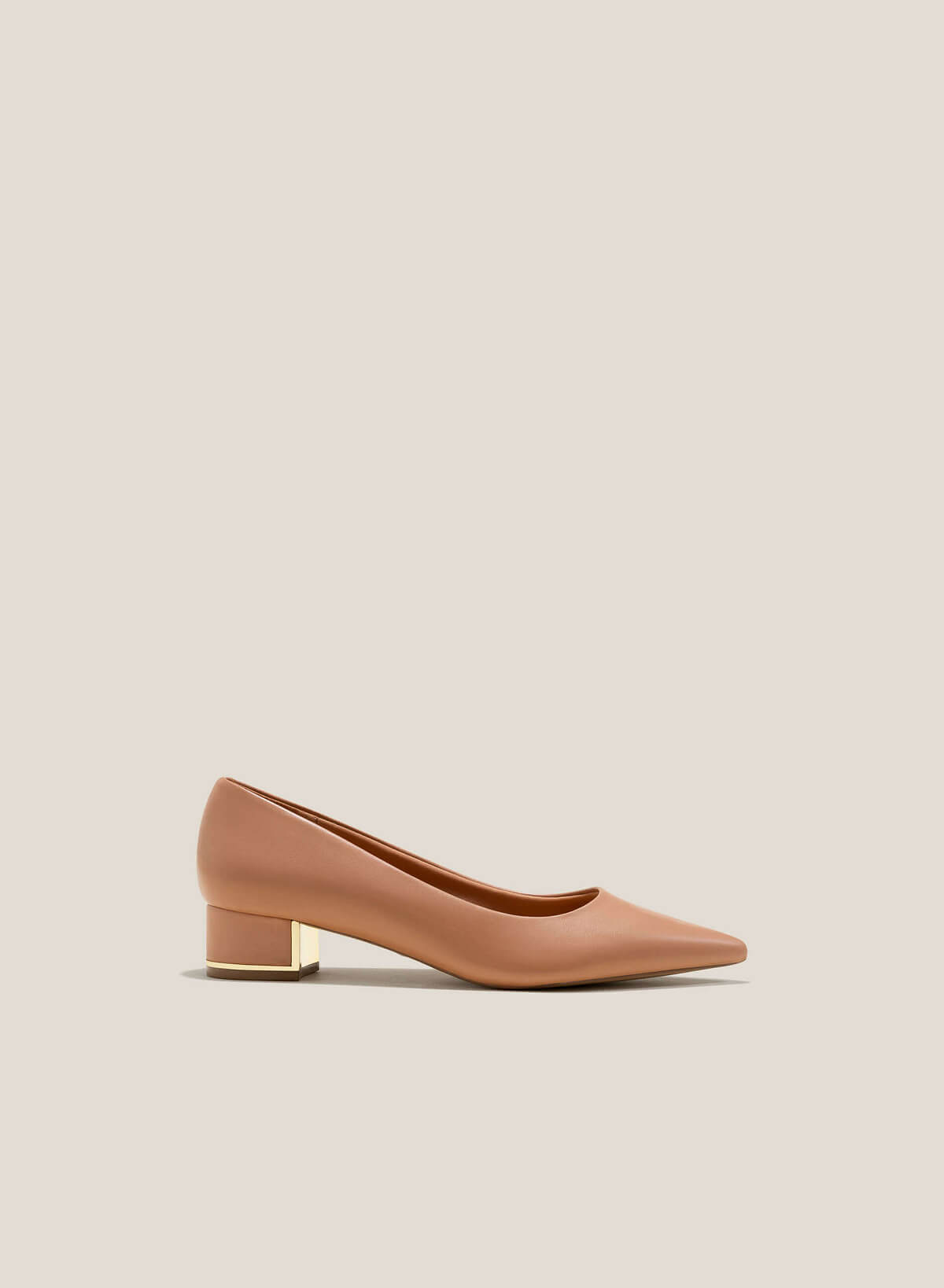 Metal Trim Pointed Toe Low Block Heel Pums - HIG 0622 - Beige - VASCARA