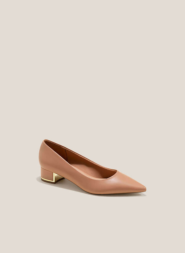 Metal Trim Pointed Toe Low Block Heel Pums - HIG 0622 - Beige - VASCARA