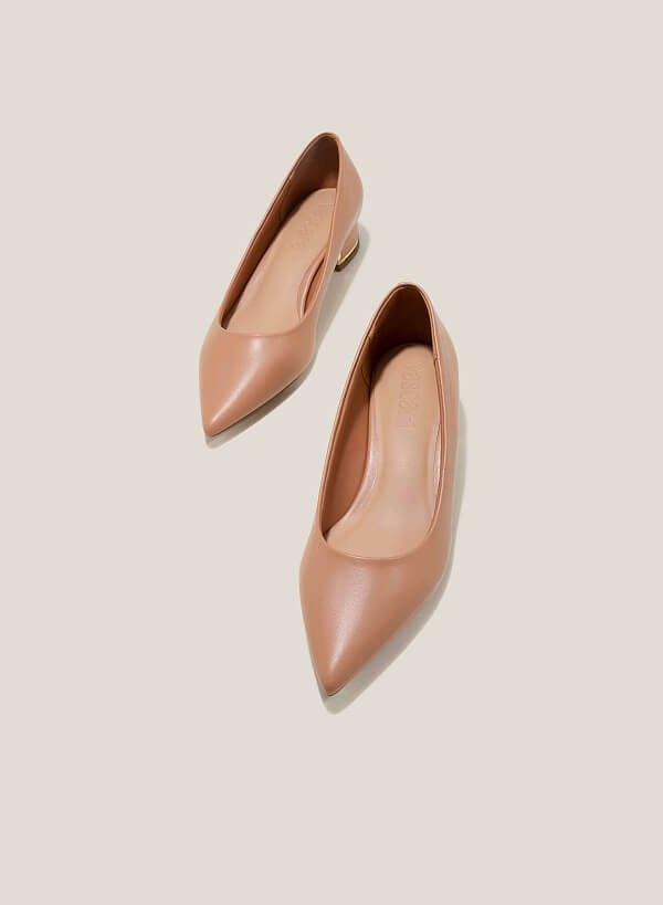 Metal Trim Pointed Toe Low Block Heel Pums - HIG 0622 - Beige - VASCARA