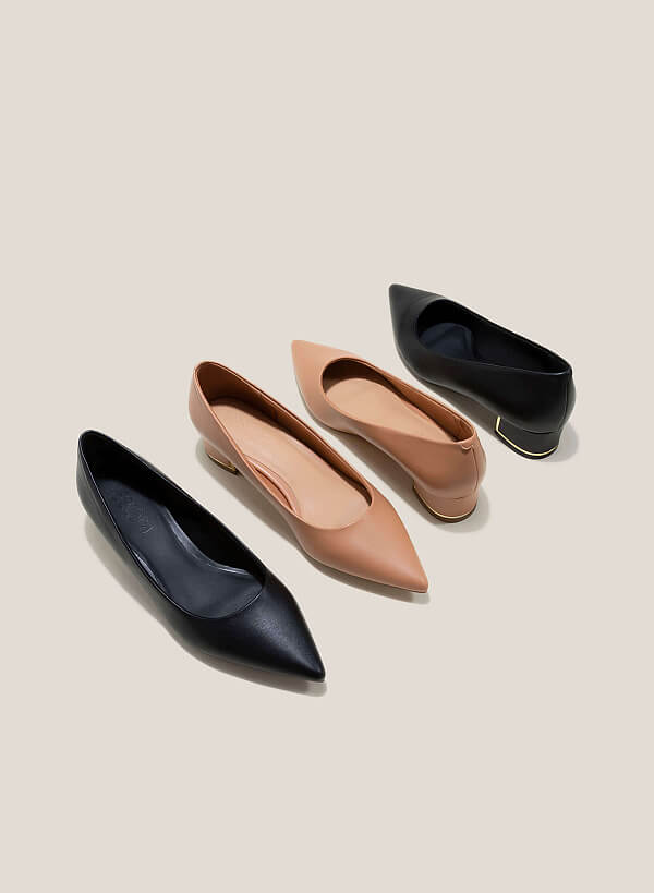Metal Trim Pointed Toe Low Block Heel Pums - HIG 0622 - Beige - VASCARA