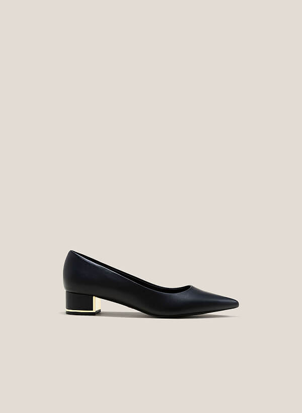 Metal Trim Pointed Toe Low Block Heel Pums - HIG 0622 - Black
