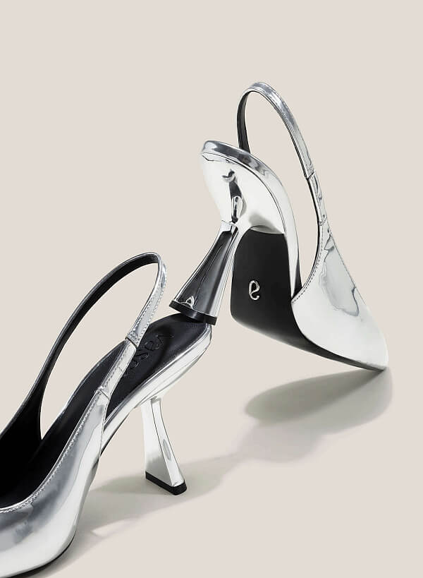 Metallic Accent Pointed Toe Spool Heel Slingbacks - HIG 0629 - Silver - VASCARA