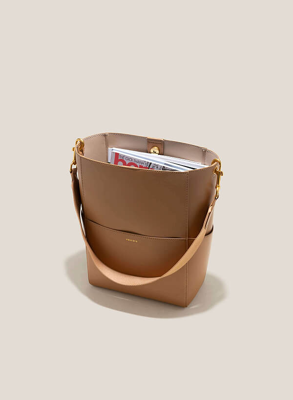 Multi-Compartment Bucket-Shaped Tote Bag - TTE 0132 - Light Brown - VASCARA