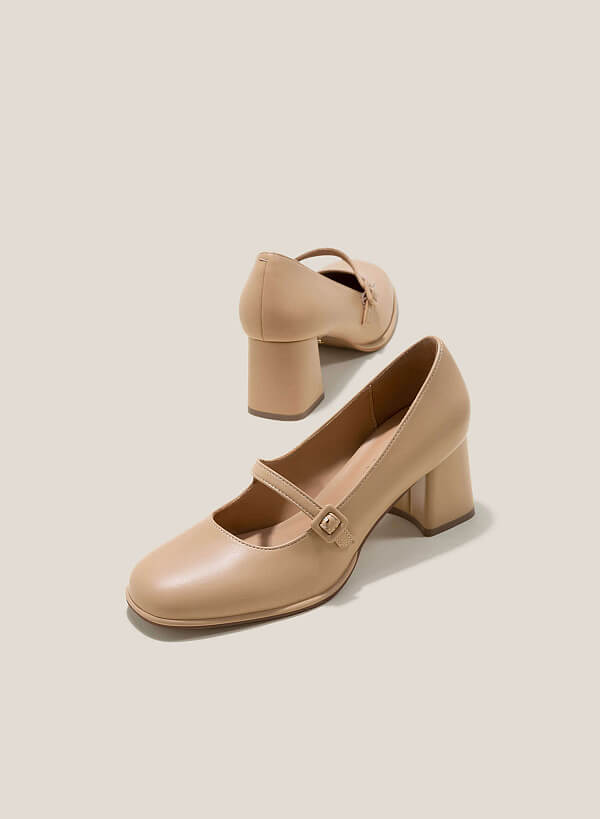 Round Toe Block Heel Mary Janes Shoes - HIG 0628 - Beige - VASCARA