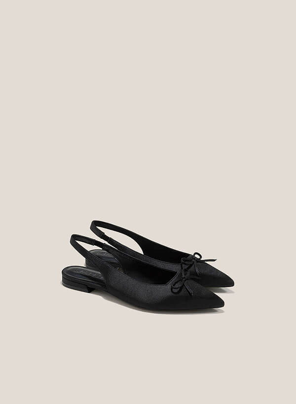 Satin Bow Decor Pointed Toe Slingbacks - HIG 0630 - Black - VASCARA