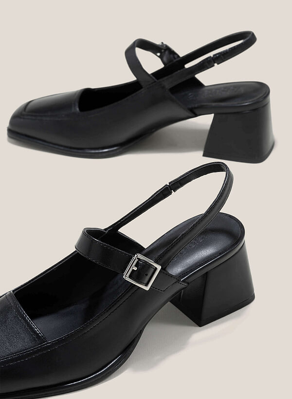Square Toe Slingback Mary Janes Shoes - HIG 0633 - Black - VASCARA