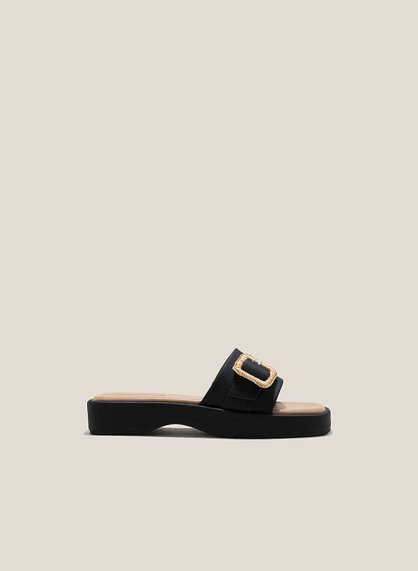 Wide Straps Woven Lock Décor Platform Slippers - FLI 0194 - Black