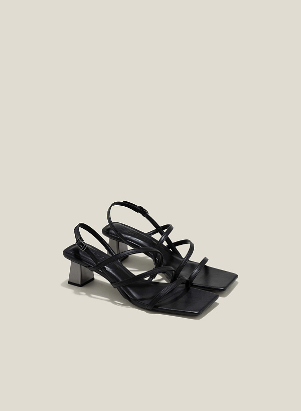Alluminum-Effect Heel Thin Strap Sandals - PUM 0763 - Black - VASCARA