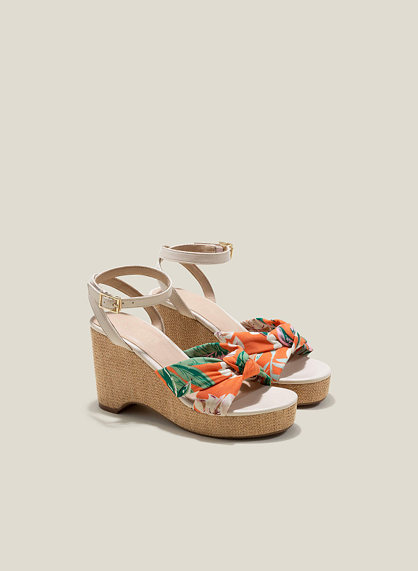 Floral Fabric Bow Tie Décor Wedge Heel Sandals - PLA 0444 - Beige - VASCARA