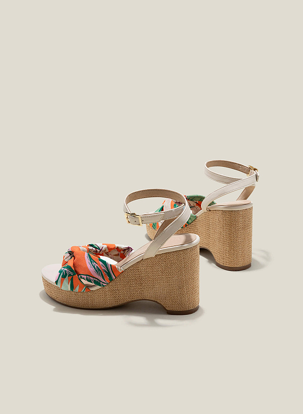 Floral Fabric Bow Tie Décor Wedge Heel Sandals - PLA 0444 - Beige - VASCARA